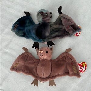 Rare, Retired Collectible TY Plush Bat Toy Set - tie dye Blue and Brown.